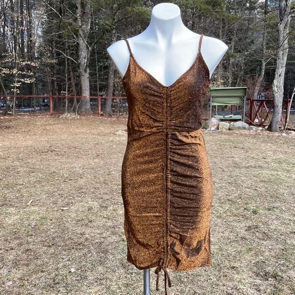 area gold dress Gold Metal Mesh Midi Party Dress – Atelier Rioux Fabric Store main image 0